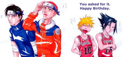 Happy Cross Over Day - Rukawa and Sakuragi, Slam Dunk, Naruto and Sasuke, Naruto